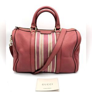 Auth Gucci Rose Pink Leather Web Line Boston Speedy 2way Tote Bag Preloved